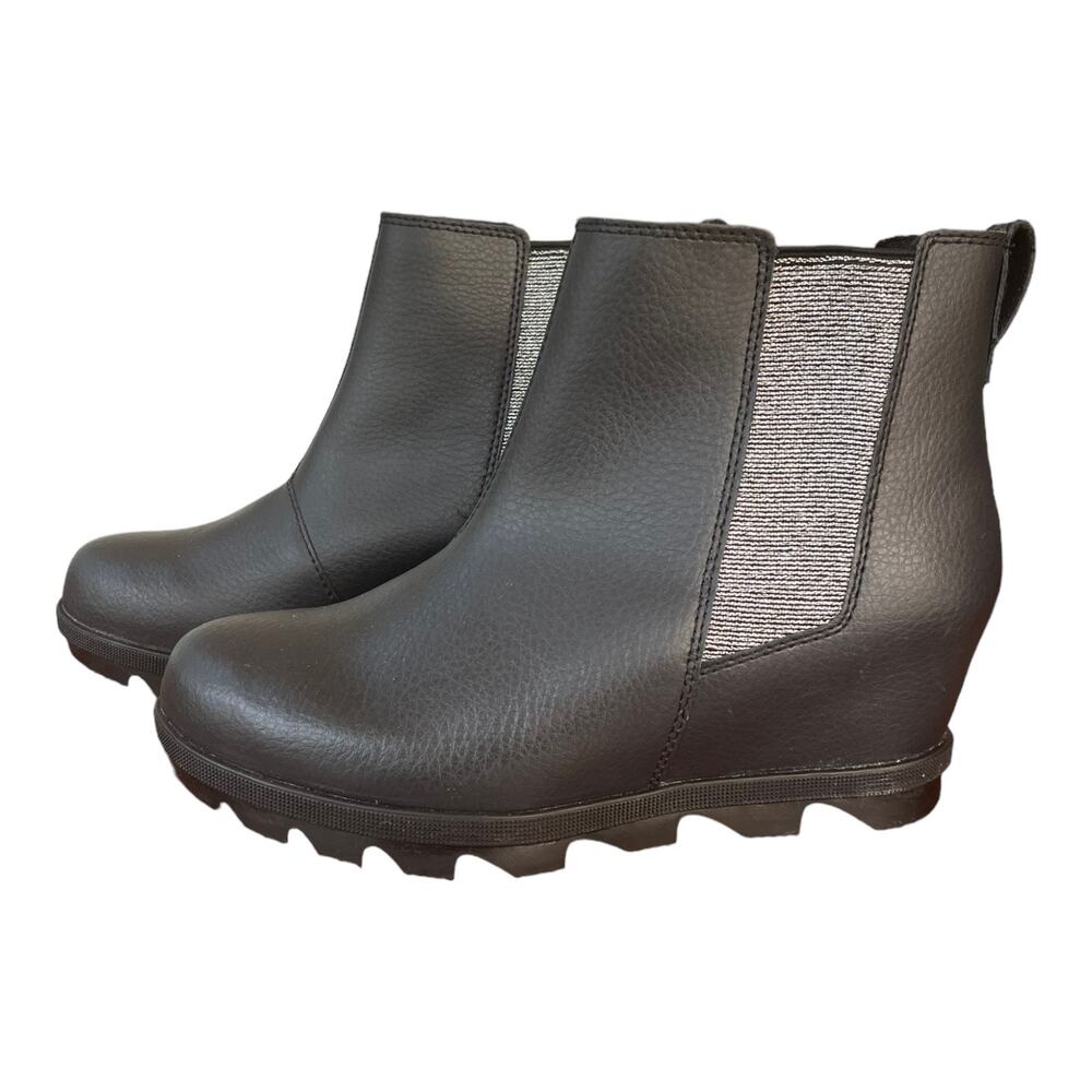 Sorel Joan of Arctic Wedge III Chelsea Booties Black Silver Leather Women 5